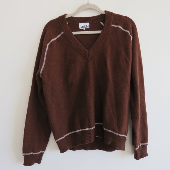 GANNI Wool Blend V Neck Sweater in Chocolate Brown Academia Preppy Quiet Luxury - Picture 2 of 12